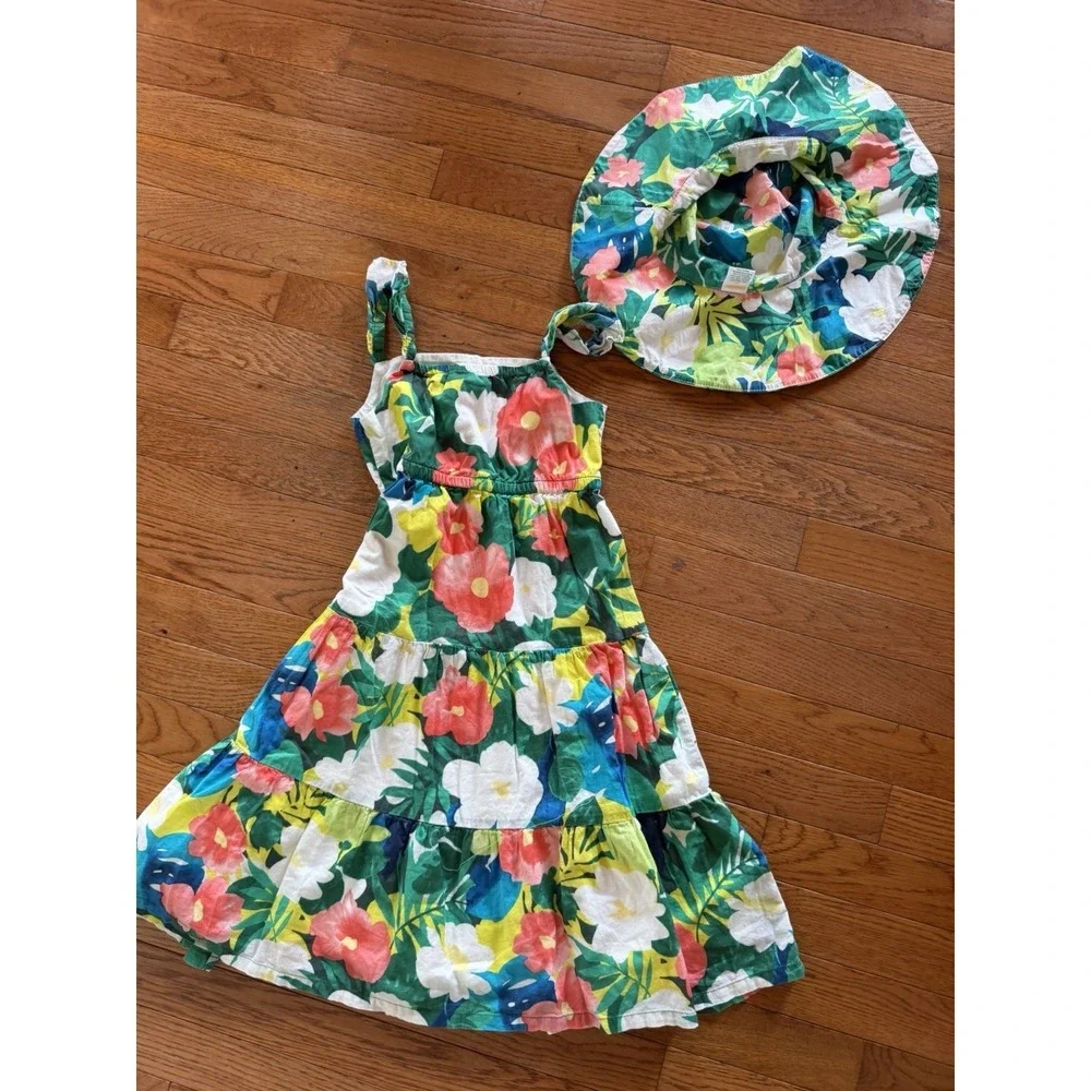 Gymboree Sunny Safari Tropical Midi Summer Sundress Sz 5 & Sunhat Sz M